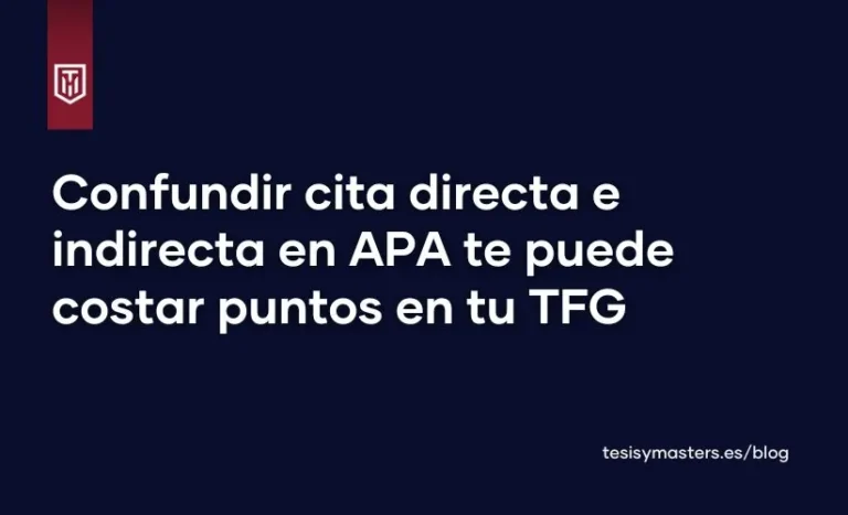 Portada del blog de tesis y masters españa, con texto blanco sobre fondo azul que dice "Confundir cita directa e indirecta en APA te puede costar puntos en tu TFG"